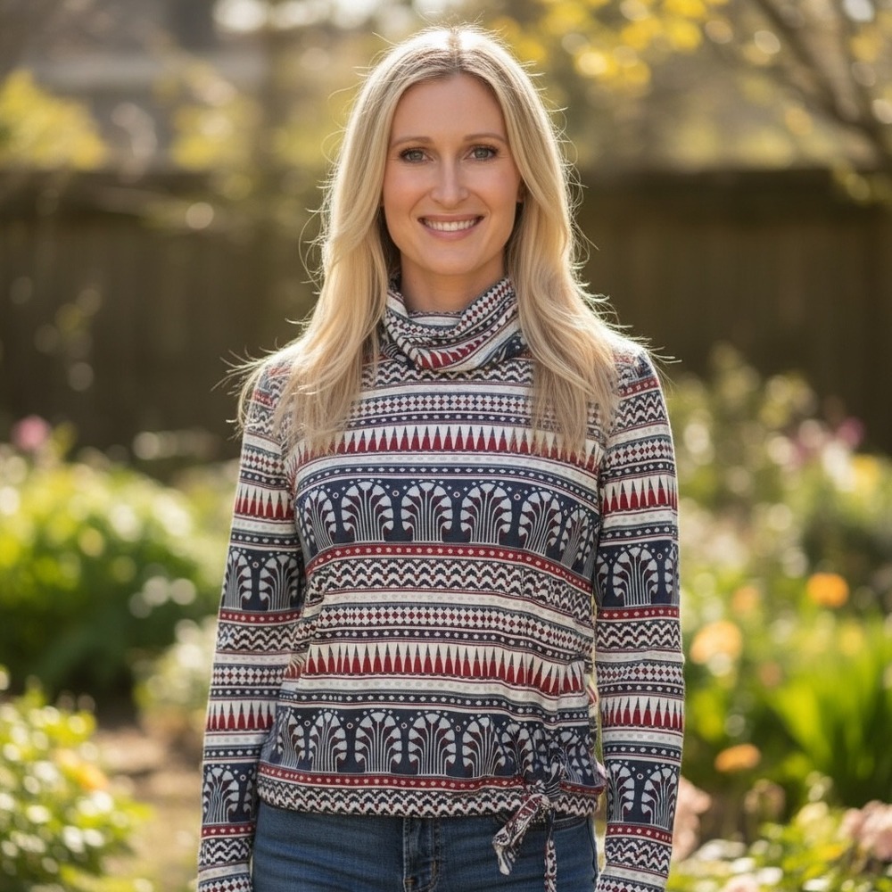 Vintage Alex Colman Sportswear Cowl Neck Geometric Print Side Tie Top Red Blue